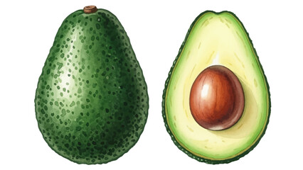 Realistic illustration of a whole green avocado next to a sliced half showing the large brown seed and creamy flesh on a white background