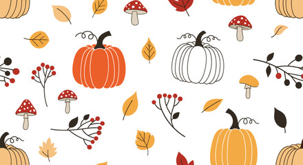 Seamless pattern featuring autumn elements like pumpkins, colorful leaves, mushrooms, and berries, perfect for fall designs.