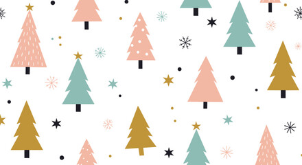 A delightful seamless pattern featuring cute Christmas trees, snowflakes, and stars in soft pastel colors, perfect for holiday and winter themes.