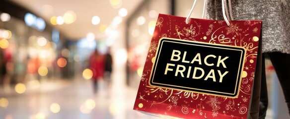 The Black Friday shopping bag in busy mall with festive bokeh lights