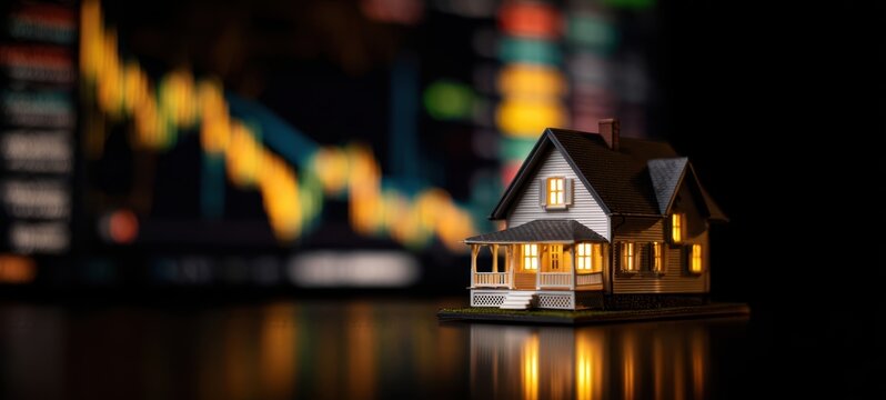 The house model illuminated against a blurred falling stock market chart