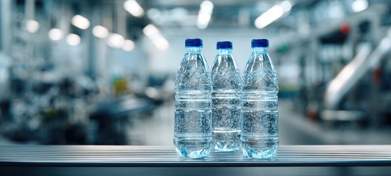 The water bottles on a conveyor belt in a modern bottling factory - Powered by Adobe