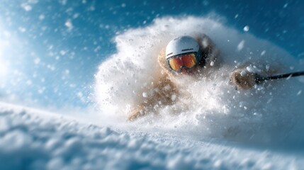 Fototapeta premium An exhilarated skier navigating through fresh powder snow, capturing the adrenaline rush and beauty of winter sports in a pristine mountain landscape under a clear sky.