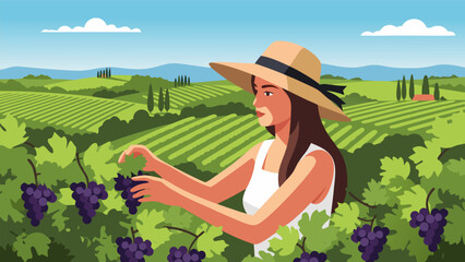 Naklejka premium Young woman in a straw hat harvesting ripe purple grapes in a scenic vineyard during the autumn harvest season vector illustration