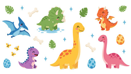 Adorable Collection of Cartoon Dinosaurs and Prehistoric Elements for Children's Designs
