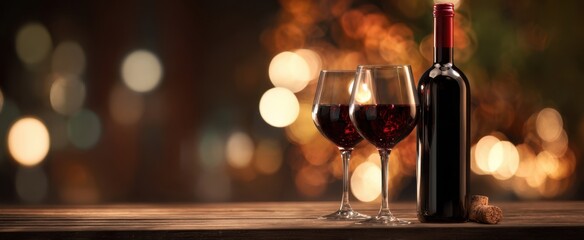 The wine bottle and two glasses on a rustic table with warm bokeh lights