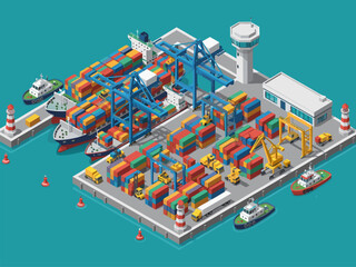 Isometric illustration of a busy port with cargo ships, containers, cranes, and various support vessels for logistics and transportation