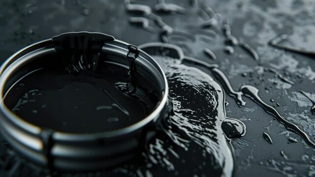 Black substance spilling over metallic object on dark surface.