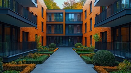 A contemporary building surrounded by vibrant landscaping features, representing harmony between architecture and nature in an urban environment.