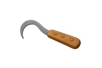 Sickle farming tool with wooden handle on transparent background