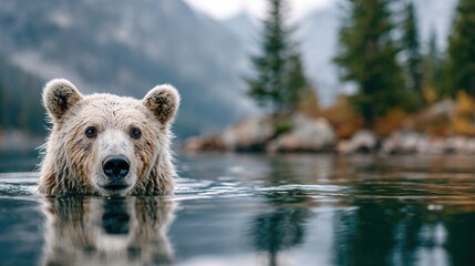 Fototapeta premium A majestic bear gracefully swims through a tranquil lake, surrounded by stunning mountains and lush greenery, creating a serene and breathtaking natural scene.