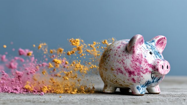 A vibrant piggy bank enveloped in a colorful powder explosion, symbolizing wealth, prosperity, and the excitement of financial success. - Powered by Adobe