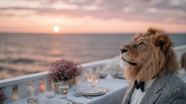 A lion dressed in formal attire sits elegantly at a dining table, offering a whimsical blend of sophistication and the wild amidst a stunning sunset backdrop.