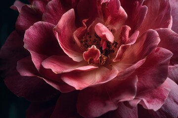 A close up of a red flower with a dark background