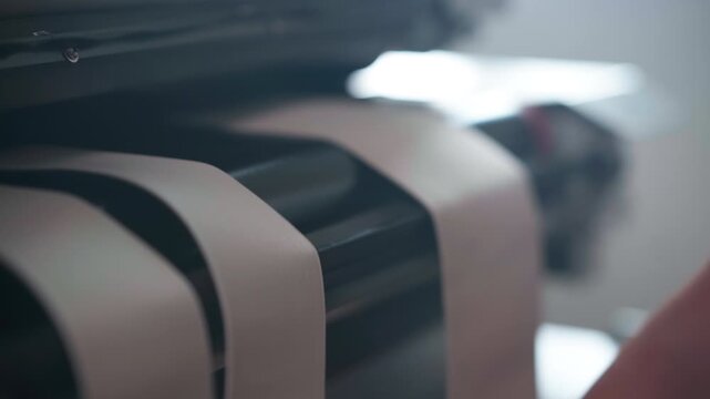 Elastic corset bands slide through machine rollers in a smooth production process, occasionally guided by male hands to keep alignment during manufacturing.