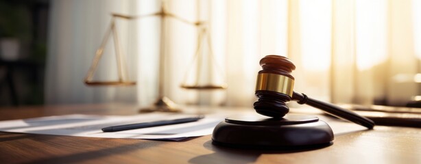 The Gavel on a Wooden Block with Scales of Justice and Legal Documents