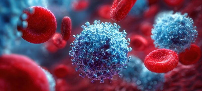 The white blood cell surrounded by red blood cells in a microscopic 3D medical illustration
