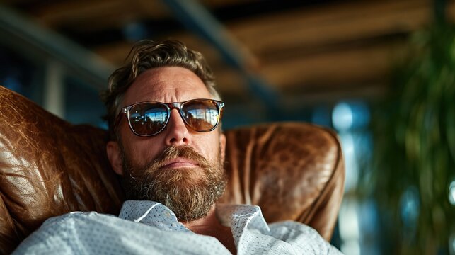 A relaxed man with a beard and sunglasses sits in a comfy leather chair, exuding a cool vibe while enjoying a moment of leisure in a stylish, contemporary environment.