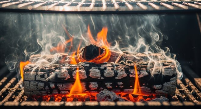 Wood log burning with vibrant flames and smoke on a barbecue grill - Powered by Adobe