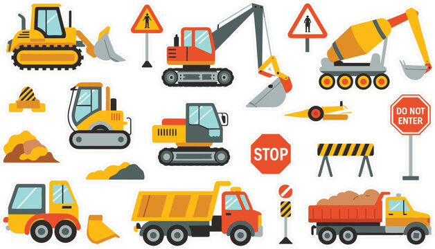 Collection of Construction Vehicles and Safety Signs on a White Background Keywords
