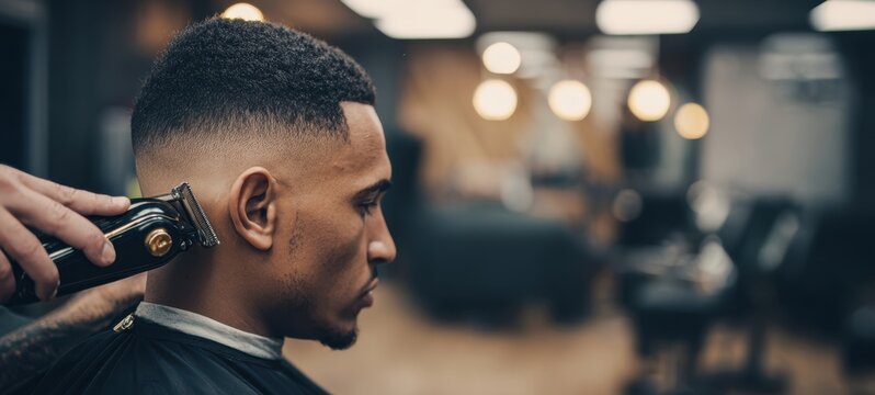 The man receiving a precise fade haircut by a barber in a stylish barbershop