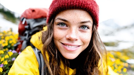 A smiling woman in a yellow jacket poses amid colorful wildflowers in a mountainous area, reflecting a spirit of adventure and connection with nature.