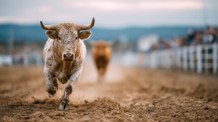 A dynamic capture of a speeding brown cow sprinting down a dirt path, depicting the raw energy of nature and the excitement of rural life during a ranch or agricultural event.