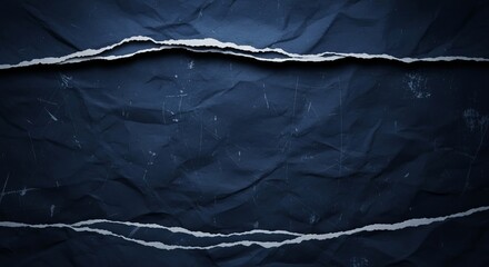 Dark blue crumpled paper with torn edges creates a textured abstract background for graphic design and artistic presentations perfectly