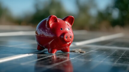 A vibrant red piggy bank stands on solar panels, symbolizing savings and sustainability in finance and energy, showcasing a modern and eco-friendly financial concept.