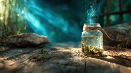 Fototapeta premium A captivating glass jar filled with herbs sits on a rustic wooden surface, releasing mystical smoke in a beautifully lit forest setting, creating an enchanting atmosphere.