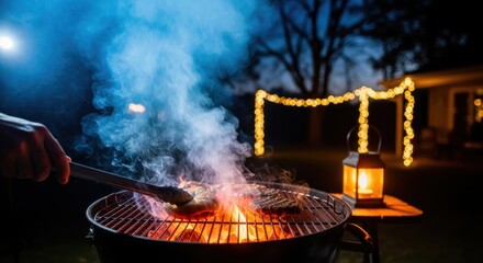 Grilling burgers on a charcoal grill at night with festive lights in the background