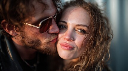 A romantic close-up photograph of a couple sharing a kiss, their expressions conveying love and connection in an intimate moment captured in soft light.