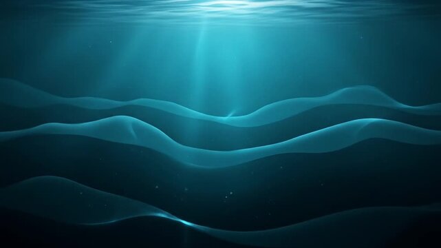 Ethereal underwater light rays pierce through the deep blue ocean, casting a serene glow on undulating translucent waves, creating a mysterious and tranquil aquatic dreamscape
