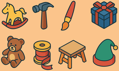 Festive Toy Workshop Tools and Toys Icons.