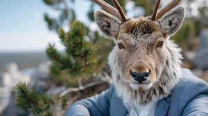 A striking image of a deer with antlers wearing a formal suit, blending nature's beauty with human sophistication in a picturesque outdoor setting filled with greenery.