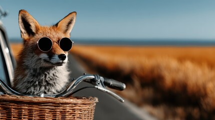 Naklejka premium A stylish fox wearing sunglasses enjoys a scenic bike ride in a rural landscape, capturing a whimsical and playful moment in nature with vibrant surroundings.
