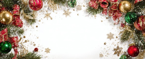 The Christmas ornament border with gold and red baubles on white background