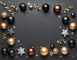 Elegant holiday flat lay background (AI-generated). Festive border of black, gold, and silver ornaments on a dark background. Copy space ideal for seasonal greetings, banners, and promotions.