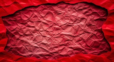 Red crumpled paper background with torn edges creating a textured frame for graphic design and artistic presentations and creative projects