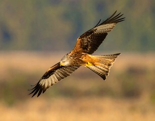 Red Kite Soaring High Above Field.