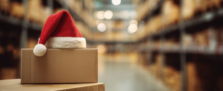 The package with Santa hat in a festive warehouse ready for holiday shipping