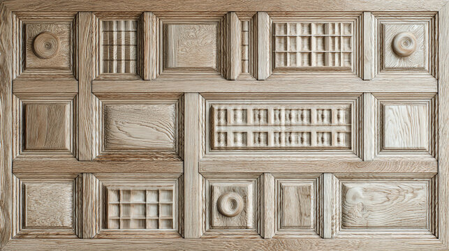 Intricate carvings on a wooden panel, showcasing detailed craftsmanship. The panel's design is symmetrical and visually appealing. 