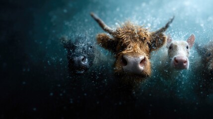 An imaginative view of cows swimming underwater, creating a unique and surreal scene that combines elements of farm life with an unexpected twist of humor and creativity.