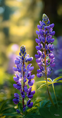 A close-up of two purple lupine flowers