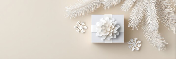 Elegant white gift box with floral bow and snowflakes on beige background