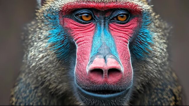 Close-up portrait of a colorful mandrill monkey with vibrant red and blue facial markings.
