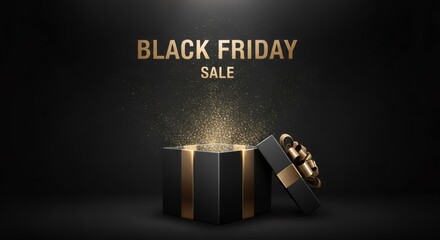 Open gift box with shimmering light for Black Friday sale advertisement. Holiday shopping promotion with luxury present.