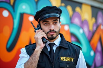 as he stands guard confidently in front of the vibrant graffiti wall, sporting trendy urban streetwear.
