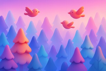 Naklejka premium Whimsical forest of pastel-colored trees with three stylized birds flying in soft light against a dreamy gradient background at sunrise. Ai generative