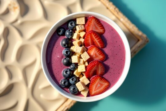 Bird's eye view of a vibrant smoothie bowl topped with fresh fruits on a tropical beach background